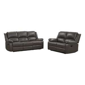 Benjara Lizzy Sofa and Loveseat Set- Manual Reclining- Solid Wood- Gray Leather
