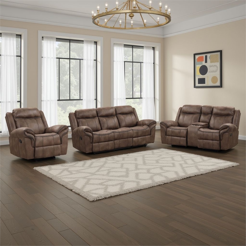 Benjara Arisa 3pc Sofa- Loveseat- Chair Manual Recliner Set- Brown Faux Leather
