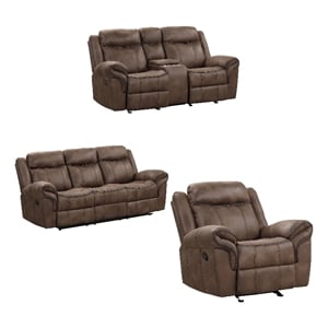 Benjara Arisa 3pc Sofa- Loveseat- Chair Manual Recliner Set- Brown Faux Leather