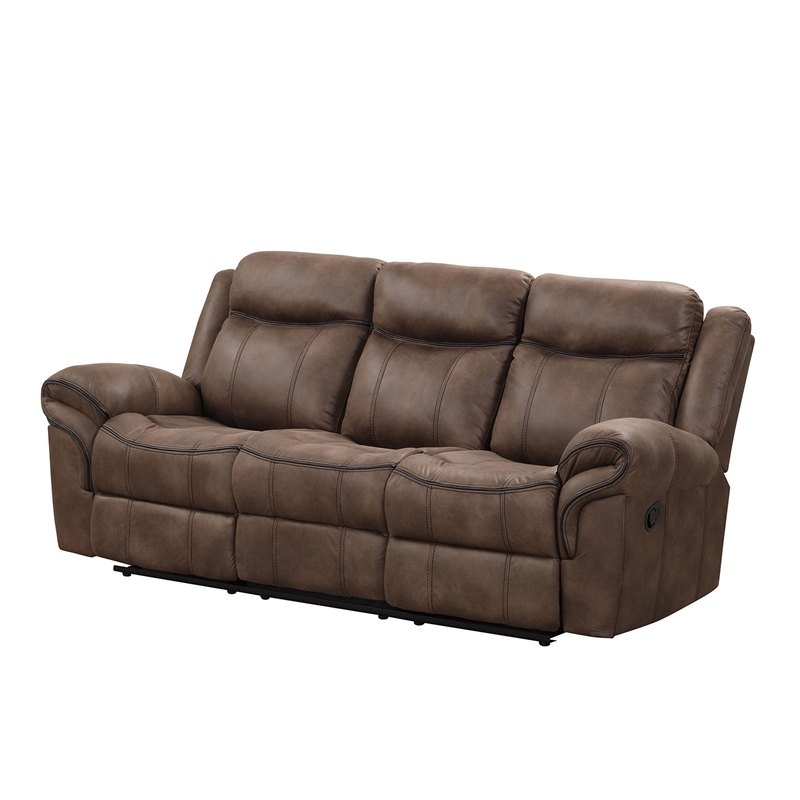 Benjara Arisa Sofa & Loveseat Manual Recliner Set-Brown Faux Leather-Drop Table