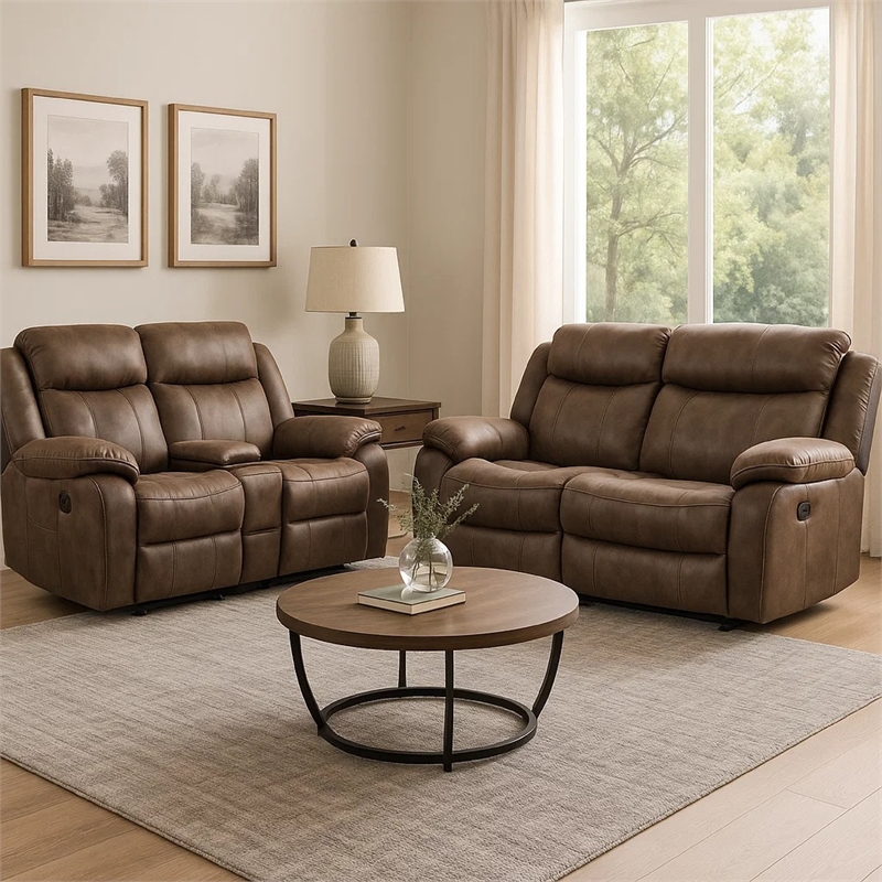 Benjara Arisa Sofa & Loveseat Manual Recliner Set-Brown Faux Leather-Drop Table