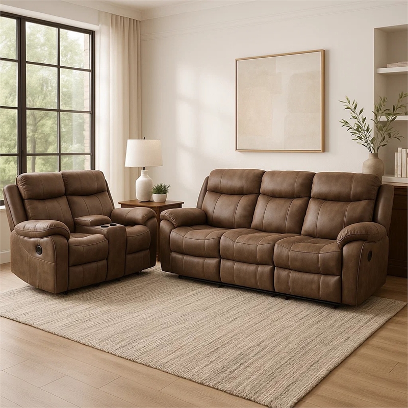 Benjara Arisa Sofa & Loveseat Manual Recliner Set-Brown Faux Leather-Drop Table