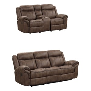 Benjara Arisa Sofa & Loveseat Manual Recliner Set-Brown Faux Leather-Drop Table