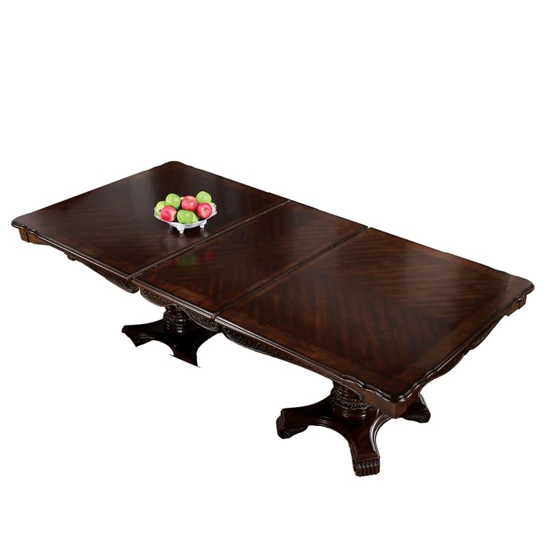 Benjara Zenie Dining Table- Extension Leaf- 77-95 Inch- Cherry Brown Solid Wood