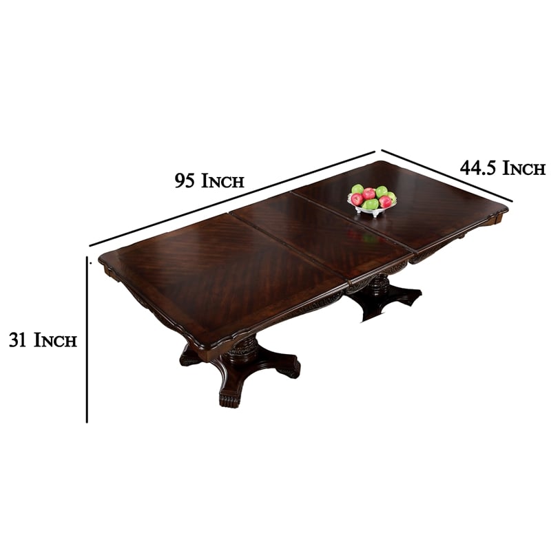 Benjara Zenie Dining Table- Extension Leaf- 77-95 Inch- Cherry Brown Solid Wood