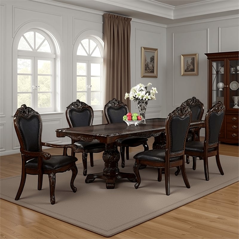 Benjara Zenie Dining Table- Extension Leaf- 77-95 Inch- Cherry Brown Solid Wood