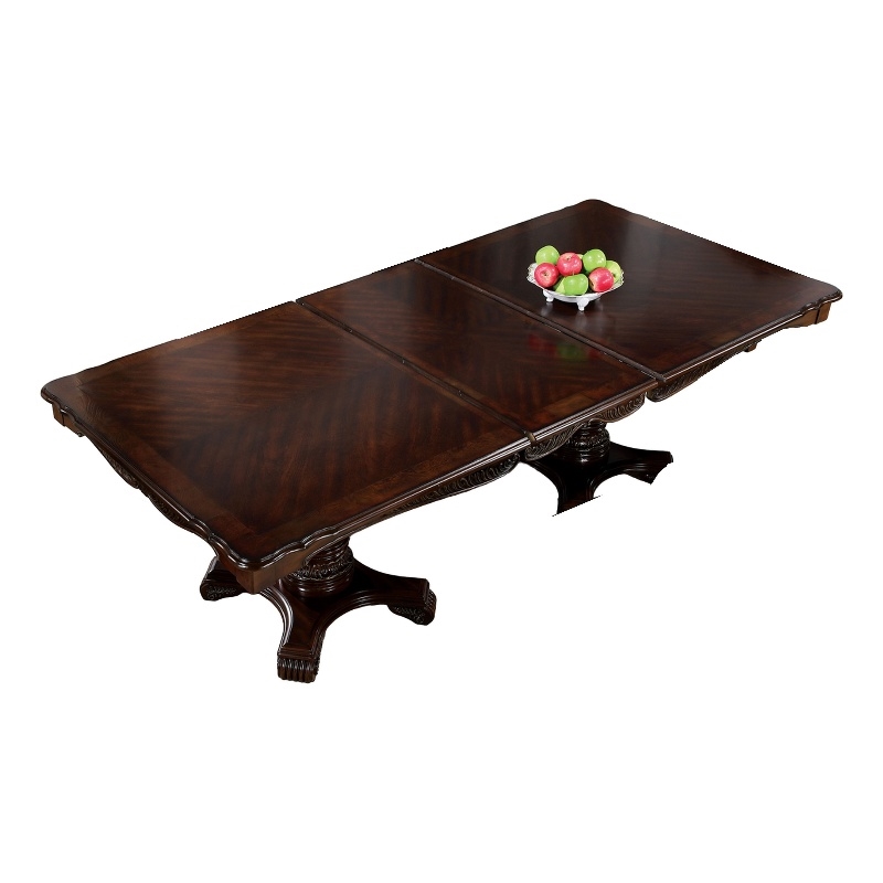 Benjara Zenie Dining Table- Extension Leaf- 77-95 Inch- Cherry Brown Solid Wood