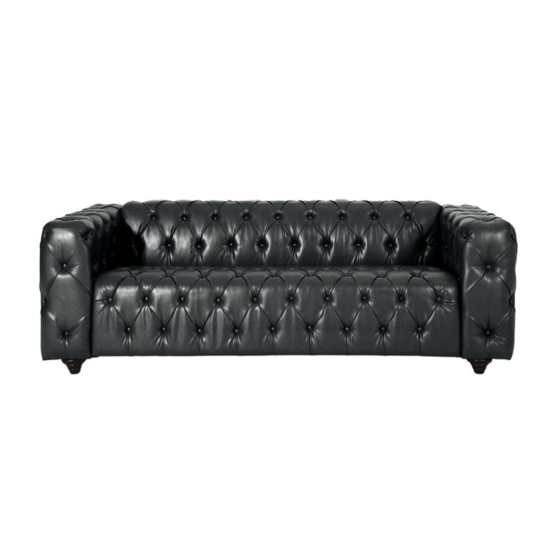 Benjara Arlo Sofa- Chesterfield Tufted Black Faux Leather Upholstery- Wood- 84