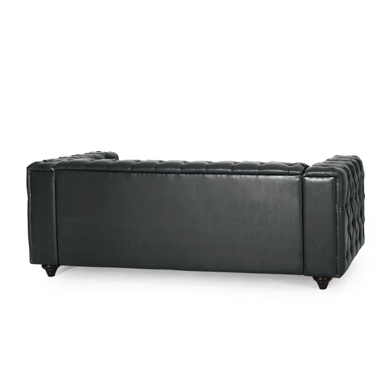 Benjara Arlo Sofa- Chesterfield Tufted Black Faux Leather Upholstery- Wood- 84