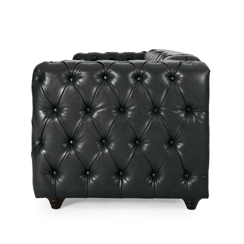 Benjara Arlo Sofa- Chesterfield Tufted Black Faux Leather Upholstery- Wood- 84