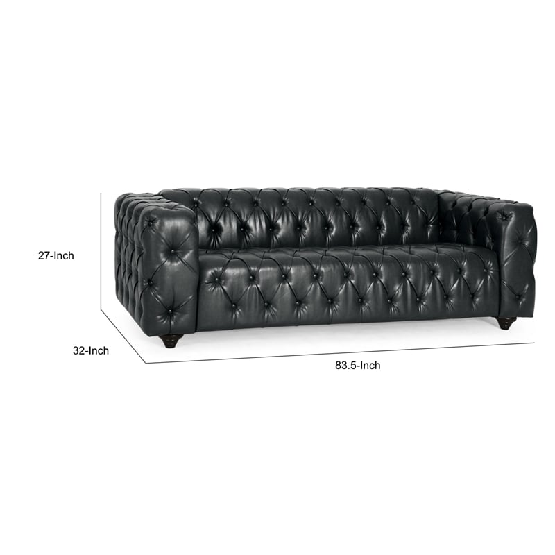 Benjara Arlo Sofa- Chesterfield Tufted Black Faux Leather Upholstery- Wood- 84