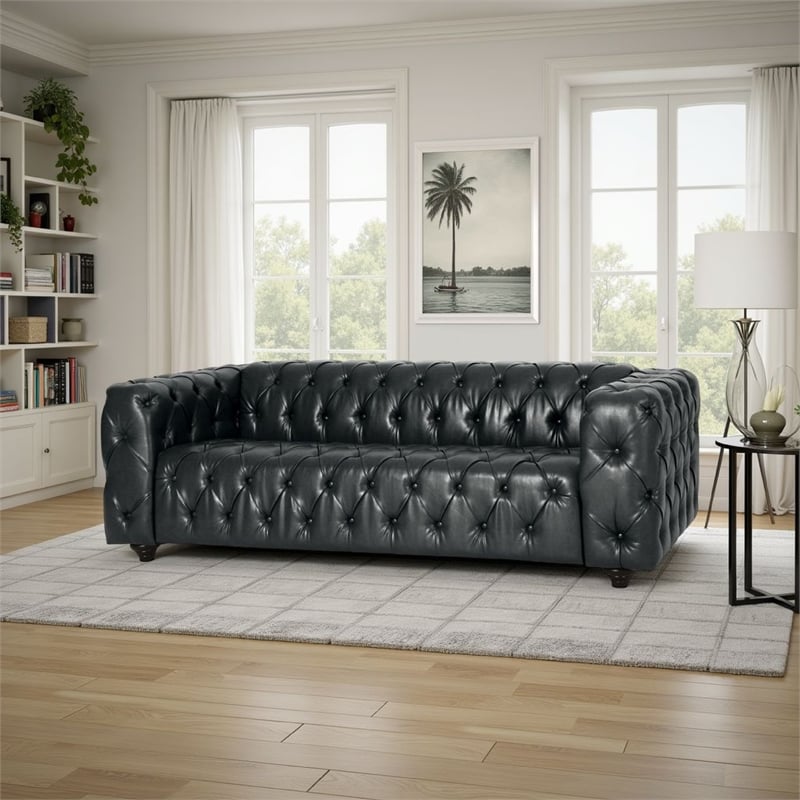 Benjara Arlo Sofa- Chesterfield Tufted Black Faux Leather Upholstery- Wood- 84