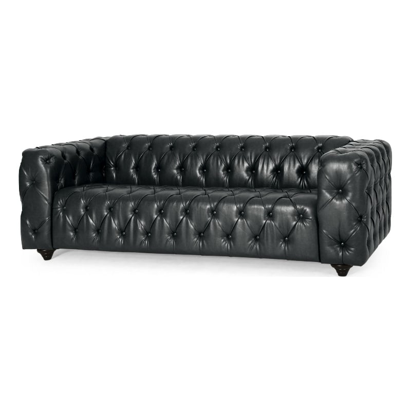 Benjara Arlo Sofa- Chesterfield Tufted Black Faux Leather Upholstery- Wood- 84