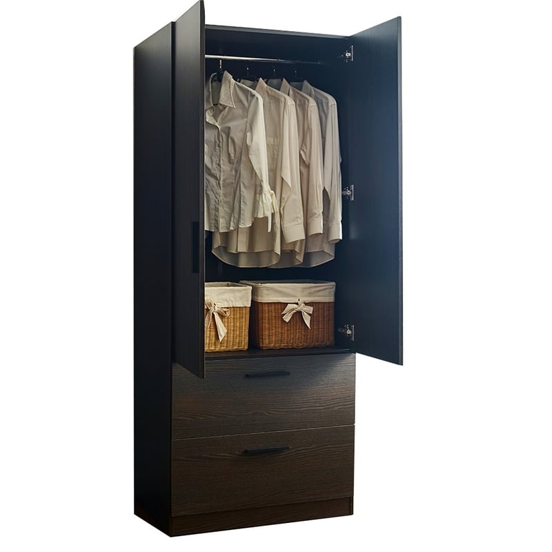 Benjara Beak 2 Door Standing Closet- 2 Drawers and Hanging Bars- Farmhouse Brown