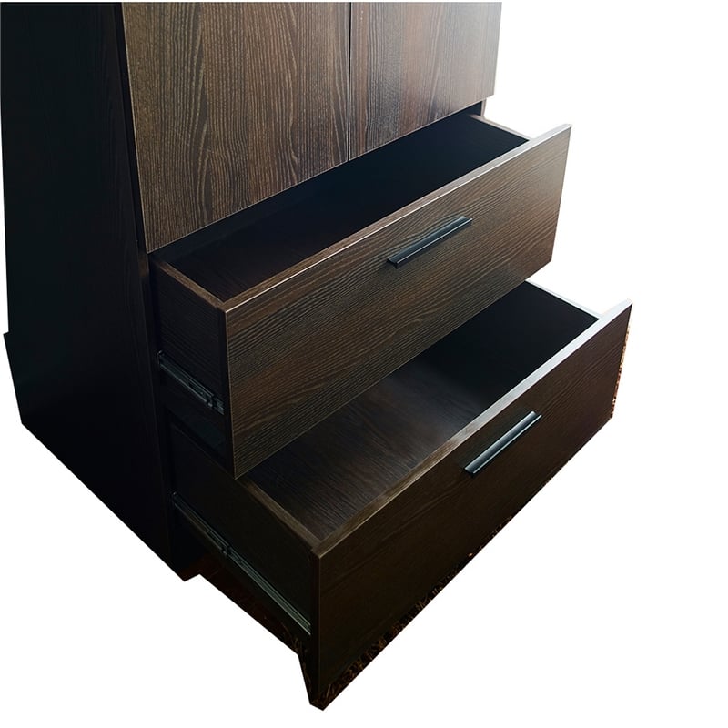 Benjara Beak 2 Door Standing Closet- 2 Drawers and Hanging Bars- Farmhouse Brown