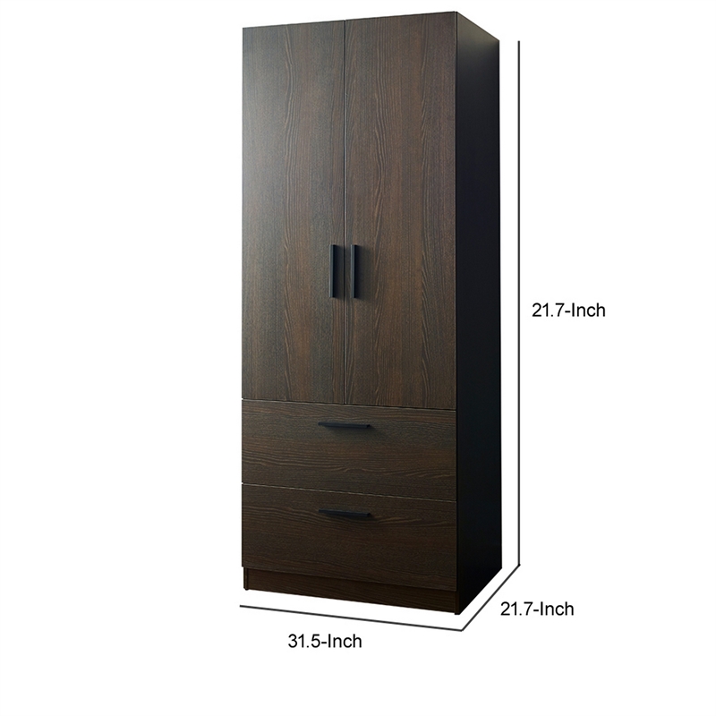 Benjara Beak 2 Door Standing Closet- 2 Drawers and Hanging Bars- Farmhouse Brown