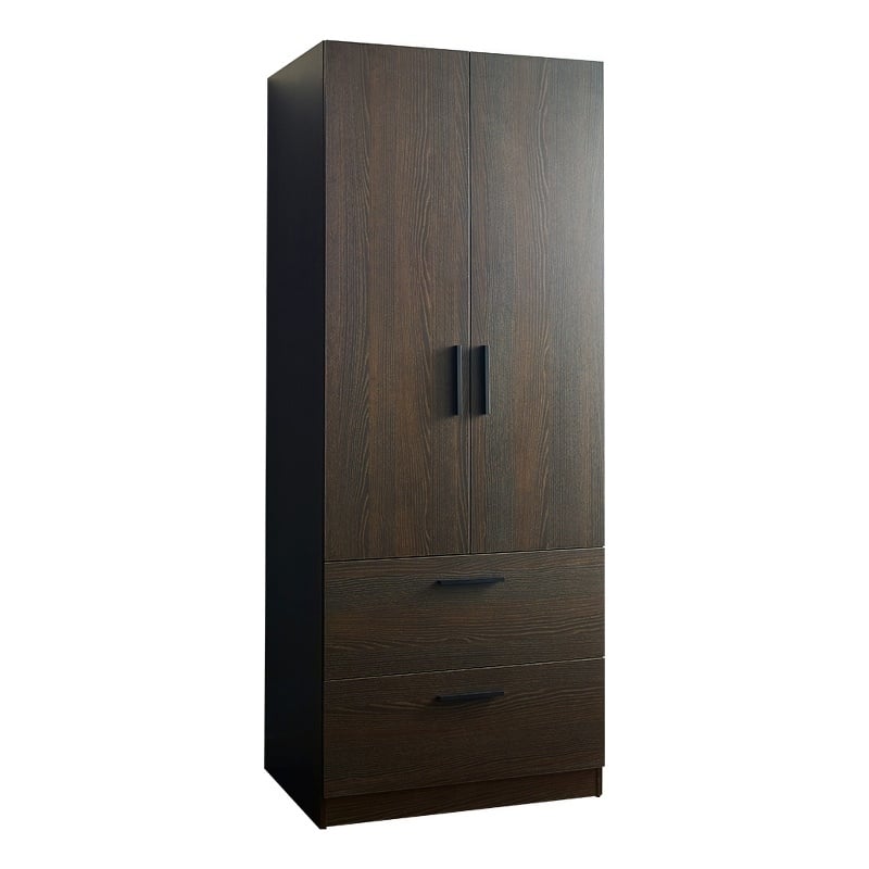 Benjara Beak 2 Door Standing Closet- 2 Drawers and Hanging Bars- Farmhouse Brown