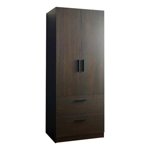 Benjara Beak 2 Door Standing Closet- 2 Drawers and Hanging Bars- Farmhouse Brown