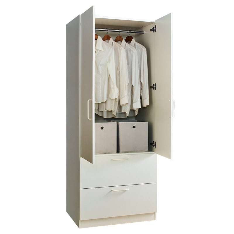 Benjara Rema 2 Door Standing Closet with 2 Drawers - White Wood