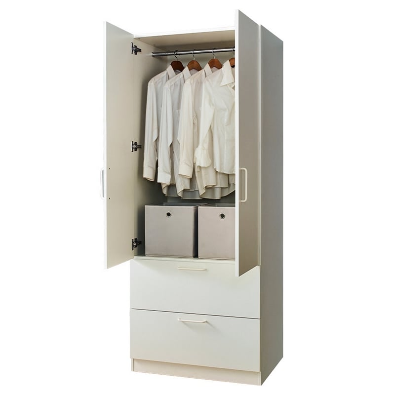 Benjara Rema 2 Door Standing Closet with 2 Drawers - White Wood
