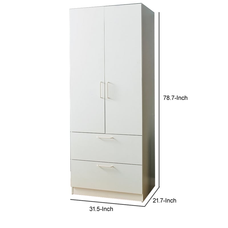 Benjara Rema 2 Door Standing Closet with 2 Drawers - White Wood
