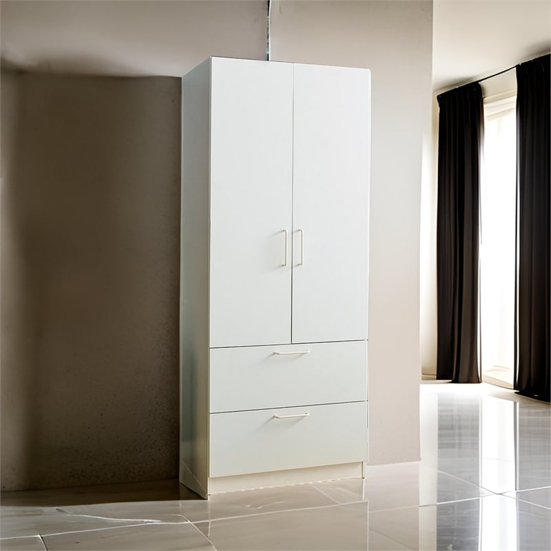 Benjara Rema 2 Door Standing Closet with 2 Drawers - White Wood
