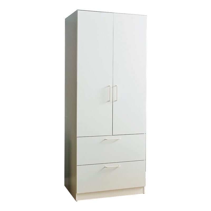 Benjara Rema 2 Door Standing Closet with 2 Drawers - White Wood