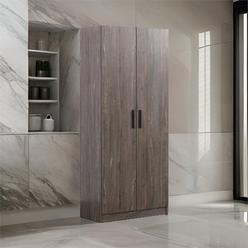 Benjara Jiaa Shoe Cabinet w/ 6 Shelves- 2 Doors- Stable Plinth Base- Rustic Gray