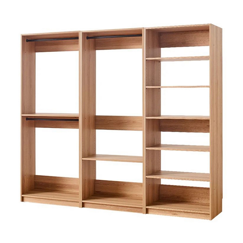 Benjara Dee Modular Closet System- 3 Clothing Racks- 6 Shelves in Oak Brown Wood