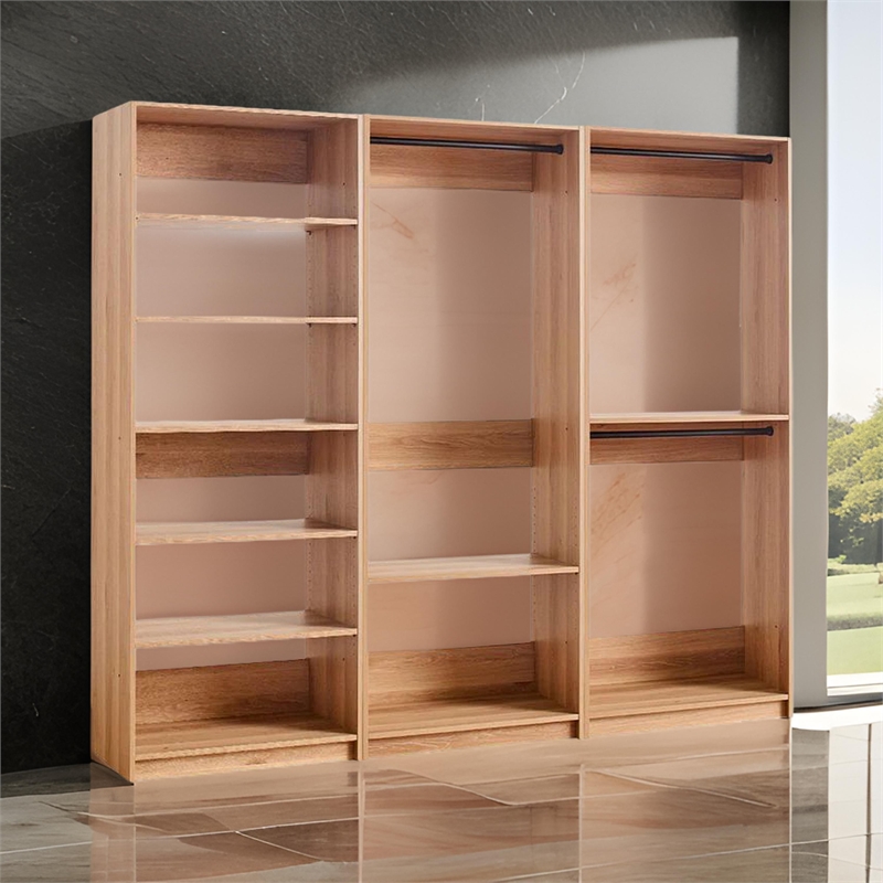 Benjara Dee Modular Closet System- 3 Clothing Racks- 6 Shelves in Oak Brown Wood