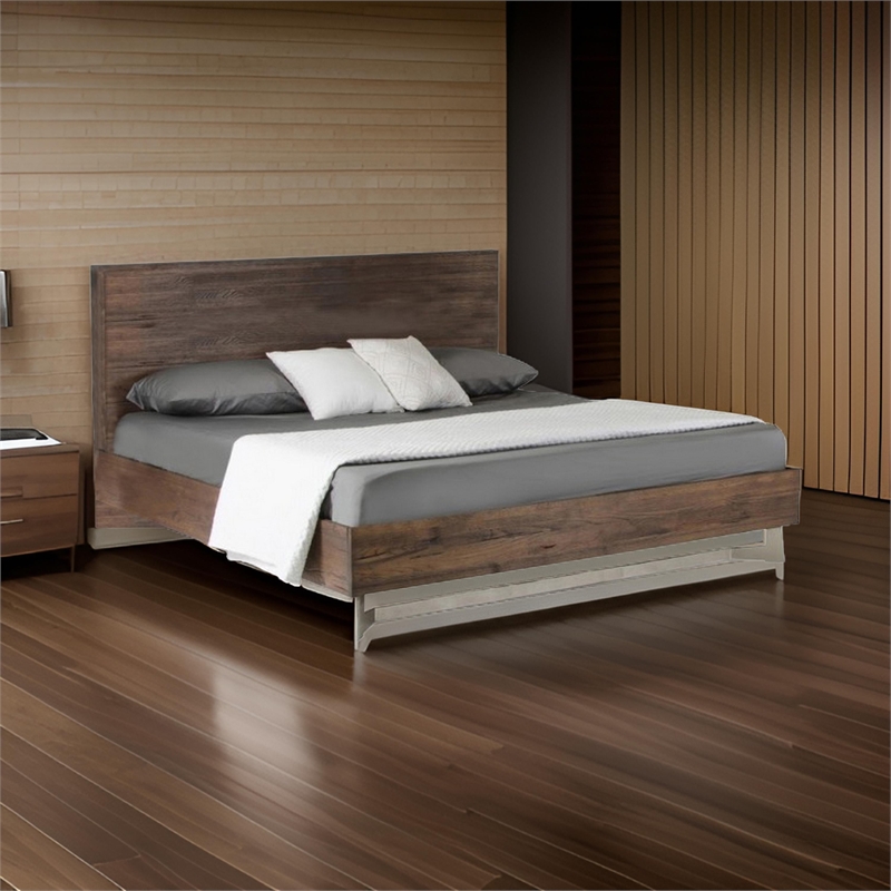 Benjara Cabi Queen Platform Bed- Solid Oil Rubbed Aged Oak- Rustic Brown Finish