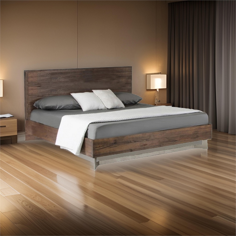 Benjara Cabi King Platform Bed- Solid Oil Rubbed Aged Oak- Rustic Brown Finish