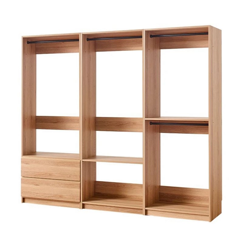 Benjara Dee Modular Closet System- 4 Clothing Racks- 2 Drawers- Oak Brown Wood