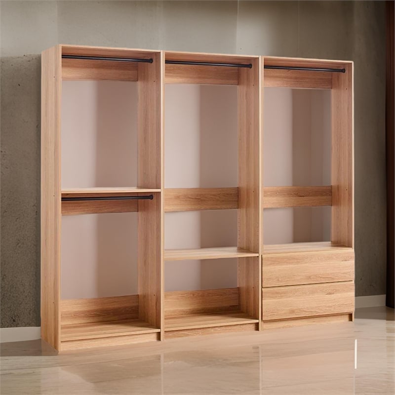 Benjara Dee Modular Closet System- 4 Clothing Racks- 2 Drawers- Oak Brown Wood