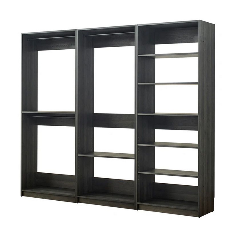 Benjara Dee Modular Closet System- 3 Hanging Rods and 6 Shelves- Dark Gray Wood