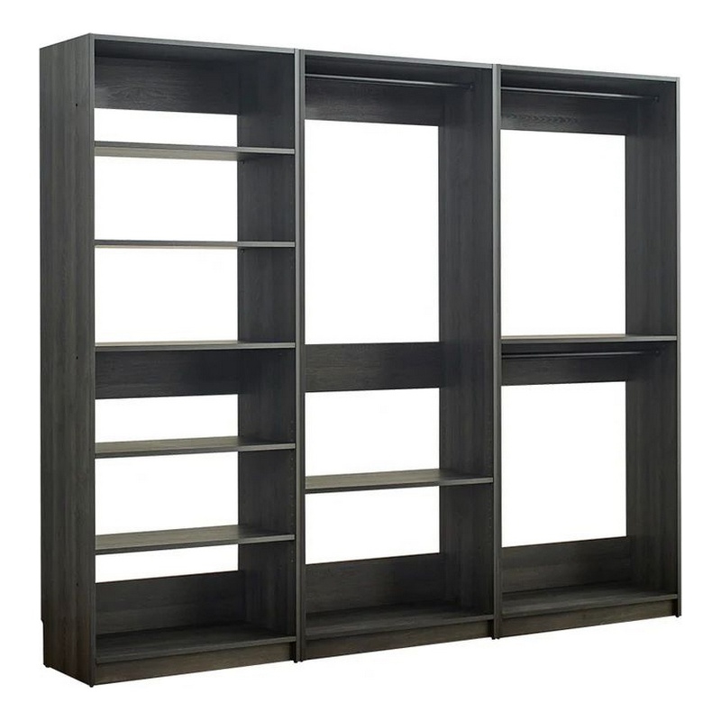 Benjara Dee Modular Closet System- 3 Hanging Rods and 6 Shelves- Dark Gray Wood