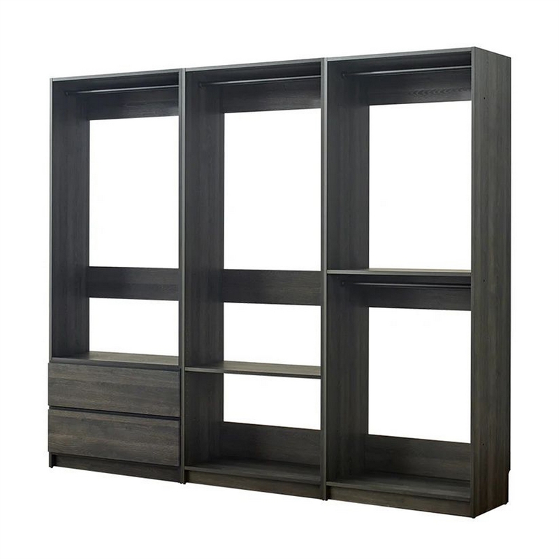 Benjara Dee Modular Closet System- 4 Clothing Racks- 2 Drawers- Dark Gray Wood