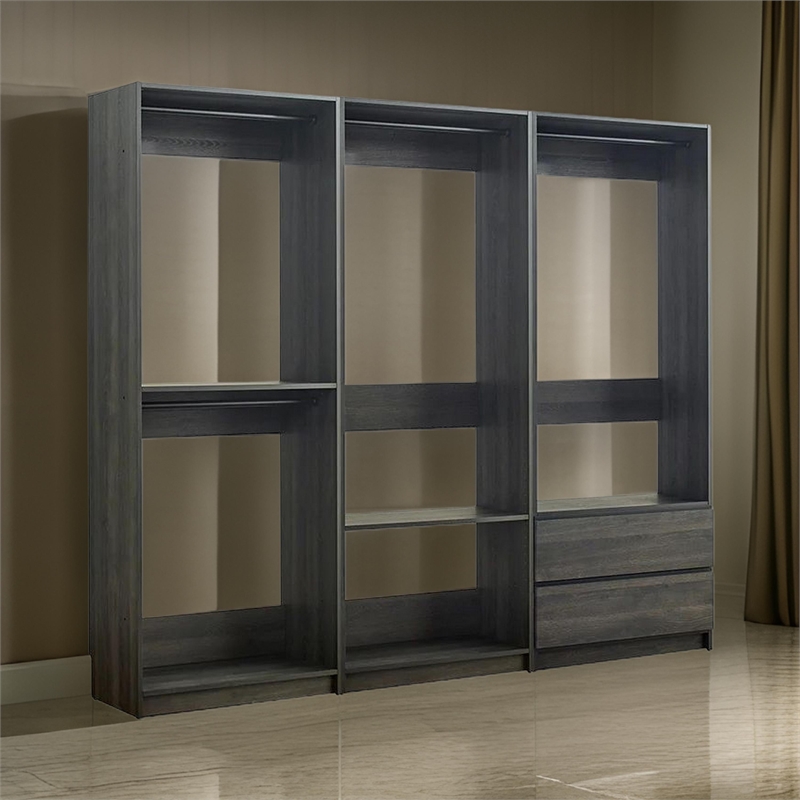Benjara Dee Modular Closet System- 4 Clothing Racks- 2 Drawers- Dark Gray Wood