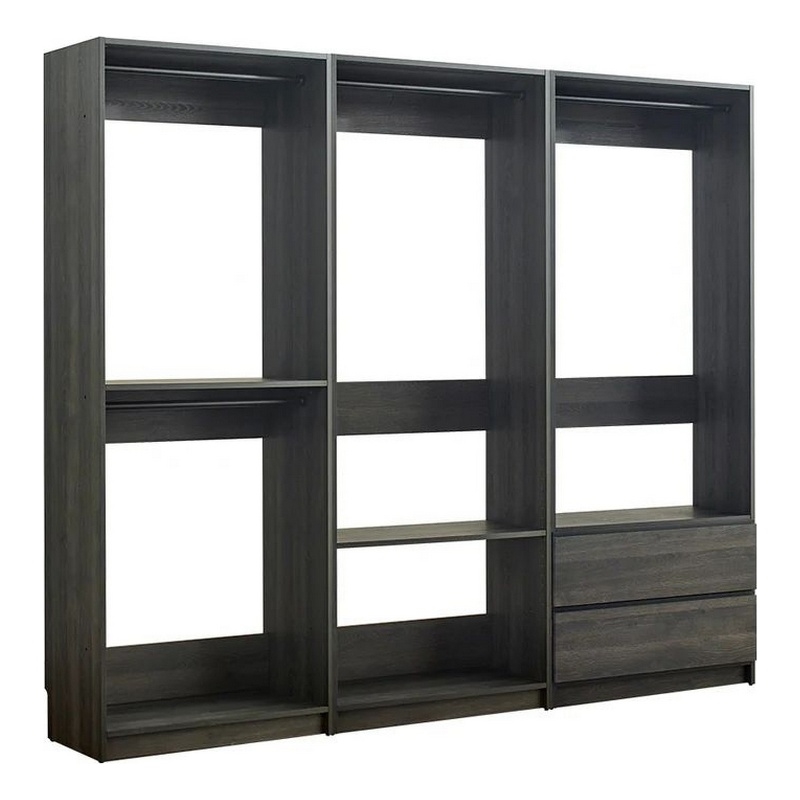 Benjara Dee Modular Closet System- 4 Clothing Racks- 2 Drawers- Dark Gray Wood