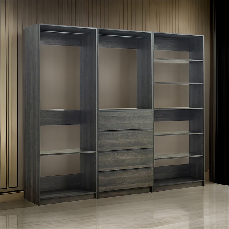 Benjara Dee Modular Freestanding Closet System- 6 Shelves- 2 Hanging Rods- Gray