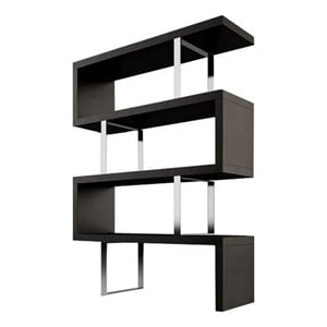 Benjara Jue 72&quot Bookshelf- 4 Open Tier Racks- Chrome Metal Frame- Black MDF