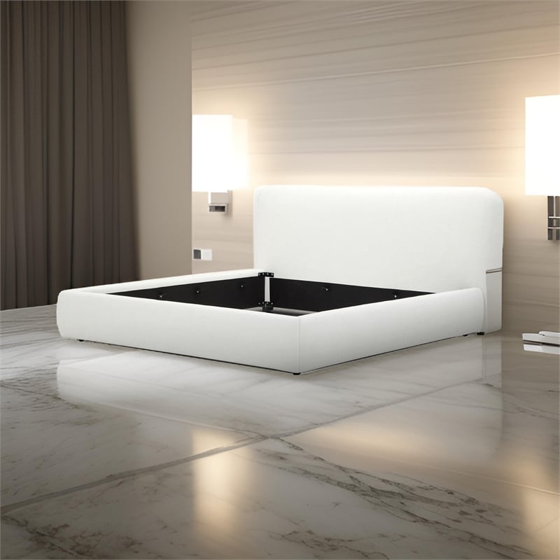 Benjara Cid Iser Queen Bed-Ivory Polyester Upholstery-Foam Filling-Metal Frame