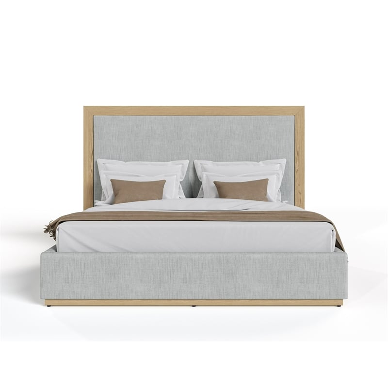 Benjara Noe Malia King Size Bed- Gray Polyester Upholstery- Natural Wood Frame
