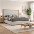 Benjara Noe Malia King Size Bed- Gray Polyester Upholstery- Natural Wood Frame