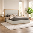Benjara Noe Malia King Size Bed- Gray Polyester Upholstery- Natural Wood Frame