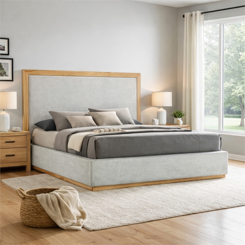 Benjara Noe Malia King Size Bed- Gray Polyester Upholstery- Natural Wood Frame