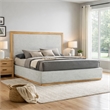 Benjara Noe Malia King Size Bed- Gray Polyester Upholstery- Natural Wood Frame