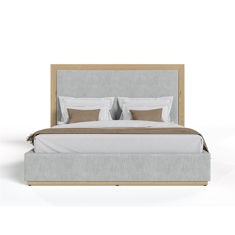 Benjara Noe Malia King Size Bed- Gray Polyester Upholstery- Natural Wood Frame