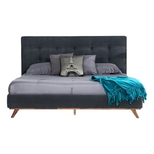 Benjara Adia Platform King Bed- Dark Gray Button Tufted Polyester Upholstery
