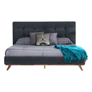 Benjara Adia Platform King Bed- Dark Gray Button Tufted Polyester Upholstery